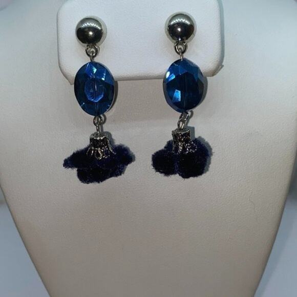 Silver-Tone Blue Beaded & Pom-Pom Dangle Earrings - Picture 1 of 7